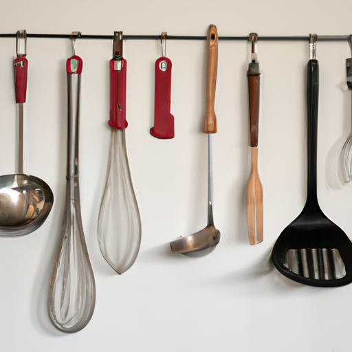 Various cooking utensils hanging on a kitchen wall